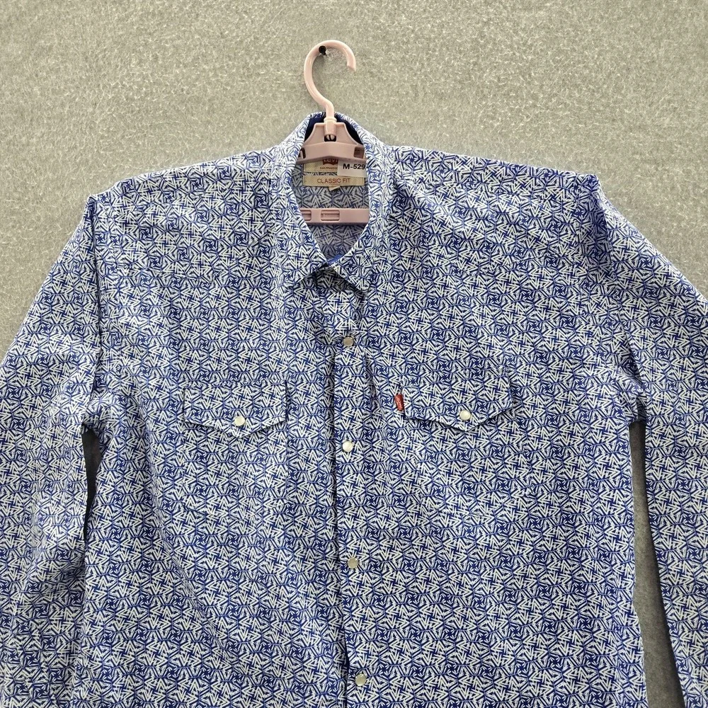 Levi's Men Button Up Shirt‎ XL Blue Geometric Western Long Sleeve Pearl Snap